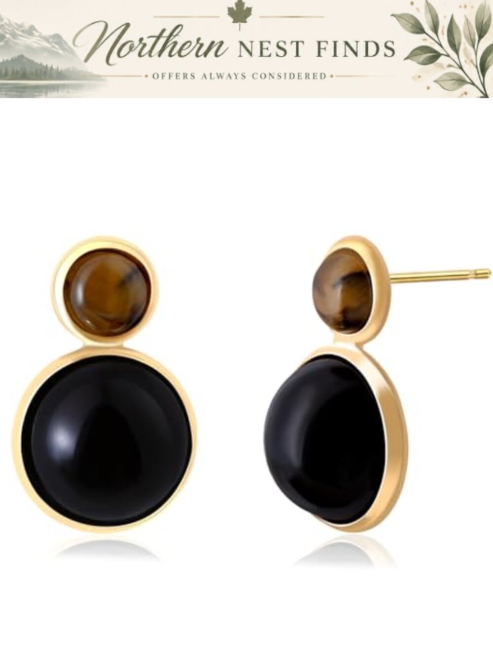 14K Gold Plated Tiger Eye Obsidian Stud Earrings Double Round Natural Stone